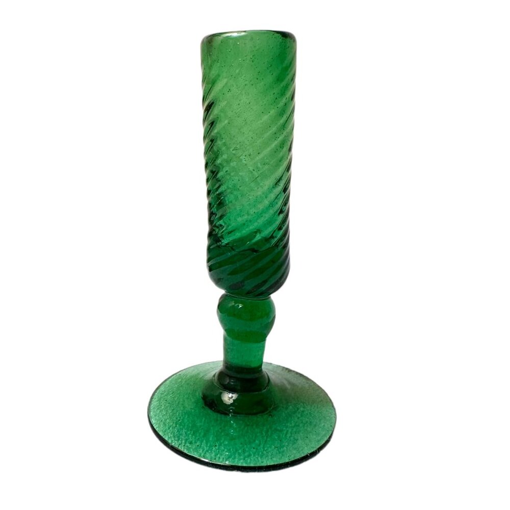 Vintage  green colored hand blown swirled glass flower bud vase